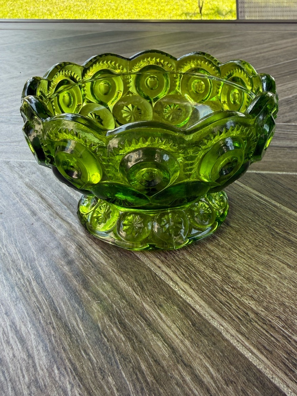 Green Moon & Stars Fairy Lamp Bottom Pressed Glass Compote